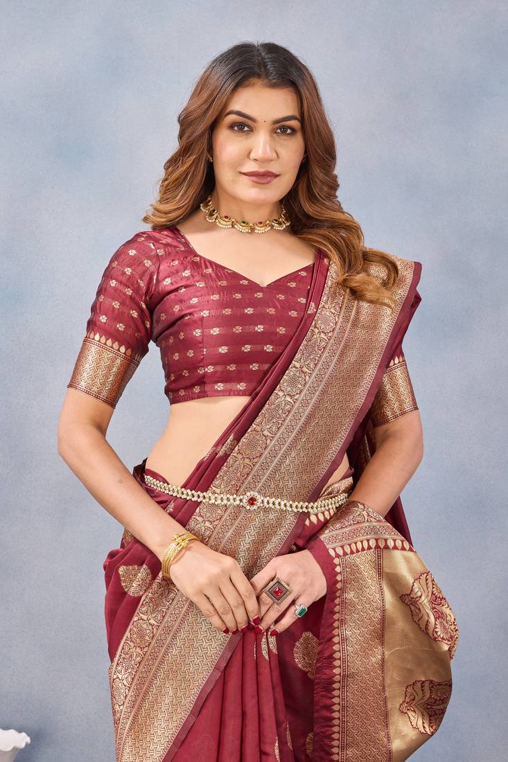 Maroon soft silk blend banarasi jacuard work designer party wear saree with unstitched blouse piece