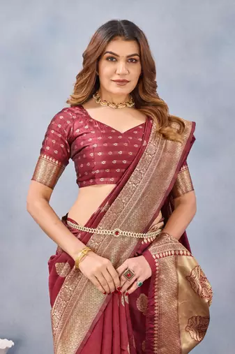 Maroon silk blend banarasi saree with unstitched blouse piece