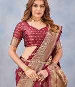 Maroon silk blend banarasi saree with unstitched blouse piece