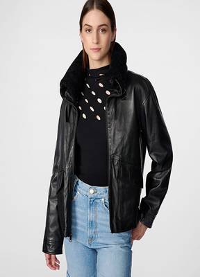 women's black lambskin leather biker jacket snap button front closure premium 1