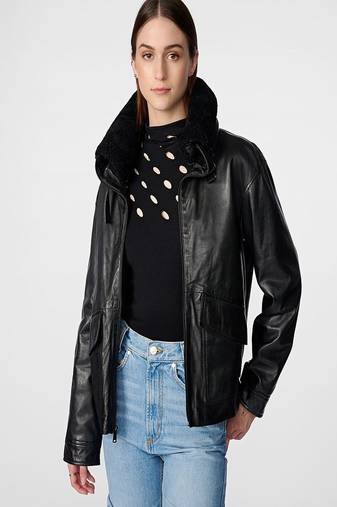 Women’s black lambskin leather jacket- snap button detail & feather collar biker stylish look