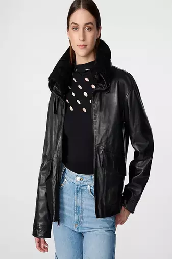 women's black lambskin leather biker jacket snap button front closure premium
