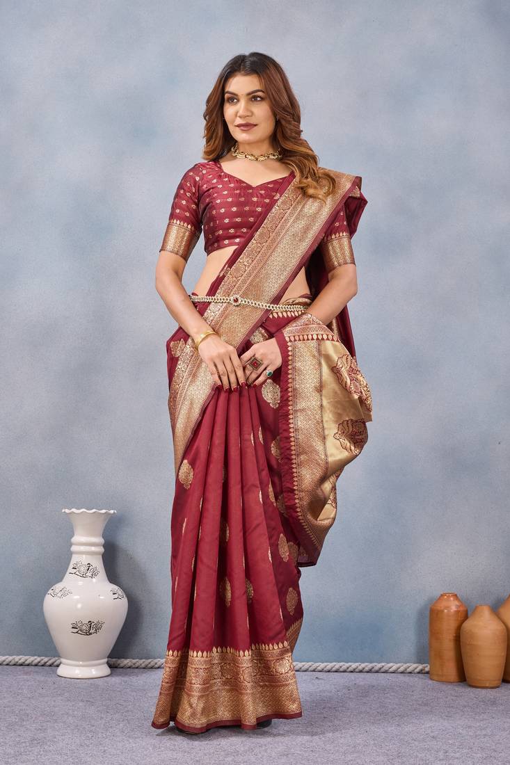 Maroon silk blend banarasi saree with unstitched blouse piece