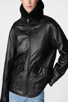women's black lambskin leather biker jacket snap button front closure premium 2