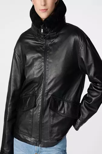 women's black lambskin leather biker jacket snap button front closure premium