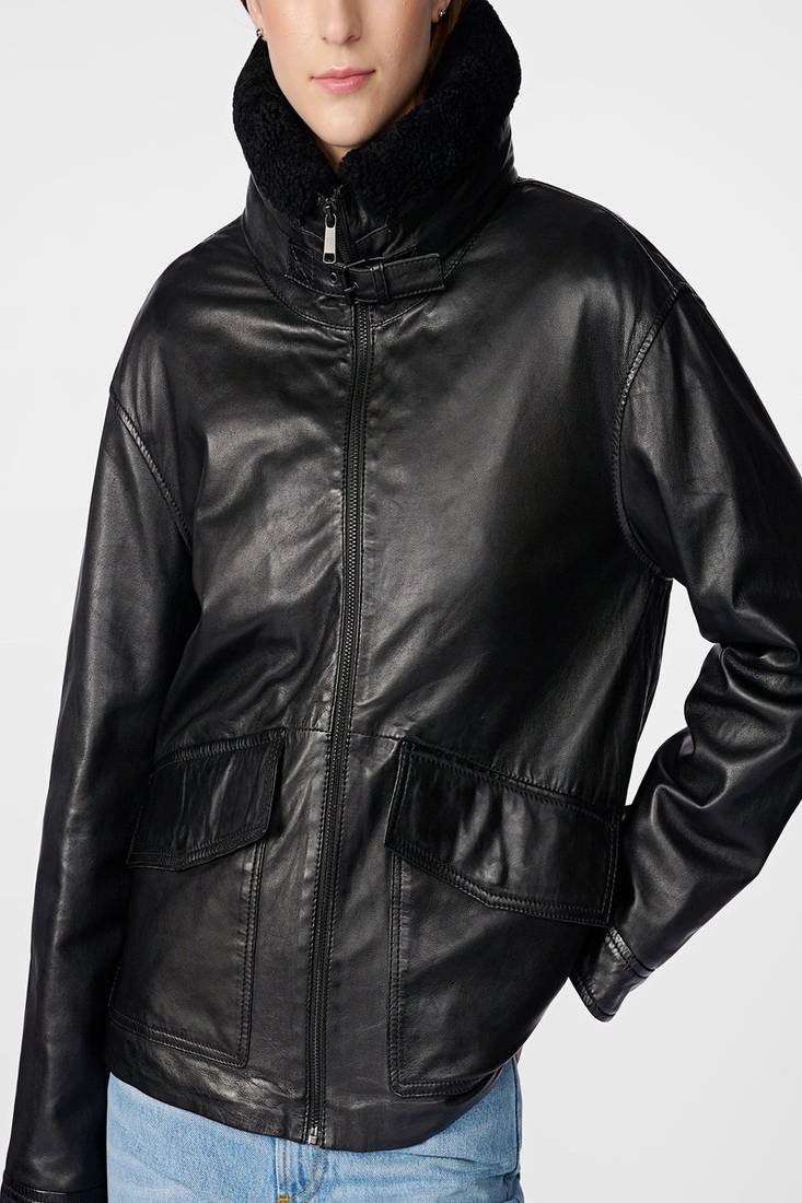 women's black lambskin leather biker jacket snap button front closure premium