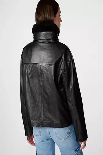women's black lambskin leather biker jacket snap button front closure premium