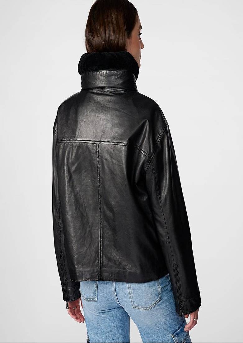 women's black lambskin leather biker jacket snap button front closure premium