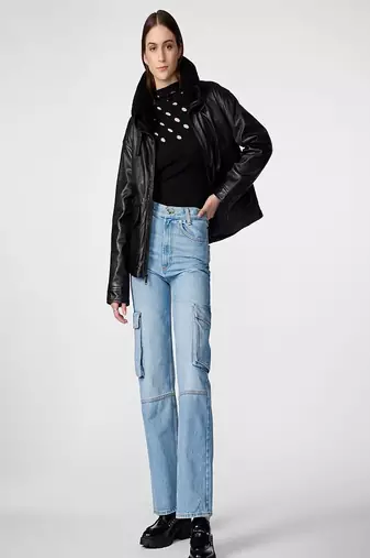 women's black lambskin leather biker jacket snap button front closure premium