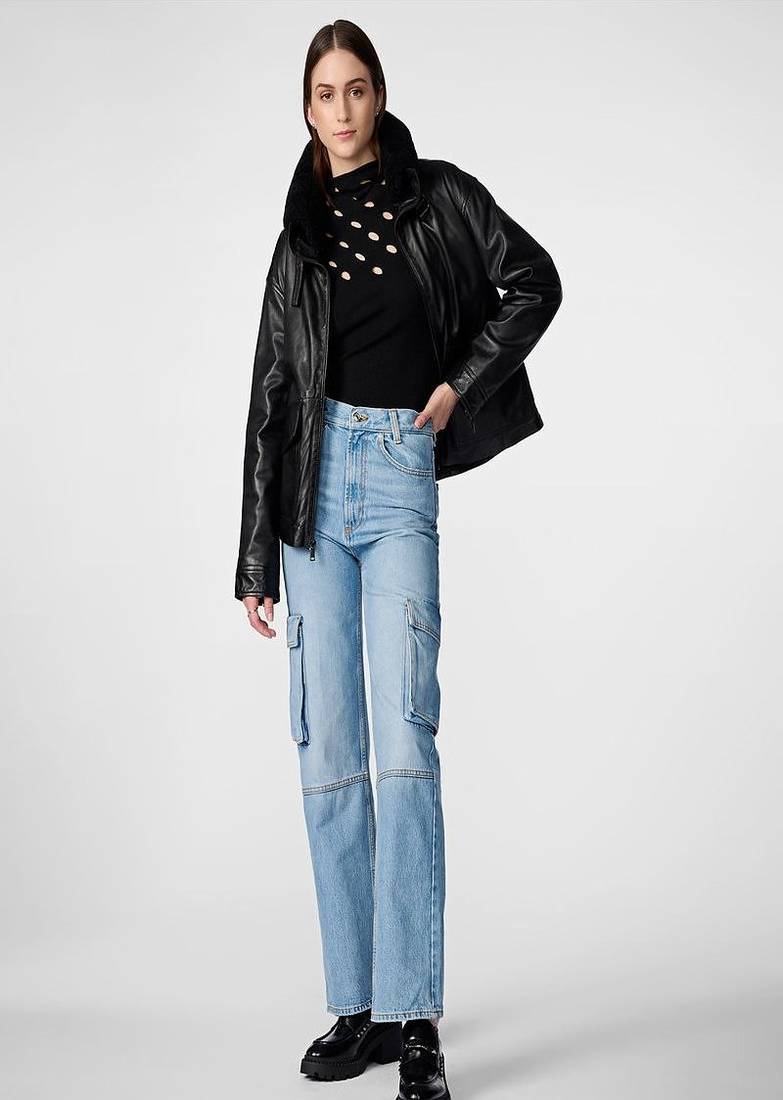 women's black lambskin leather biker jacket snap button front closure premium