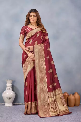 Maroon silk blend banarasi saree with unstitched blouse piece