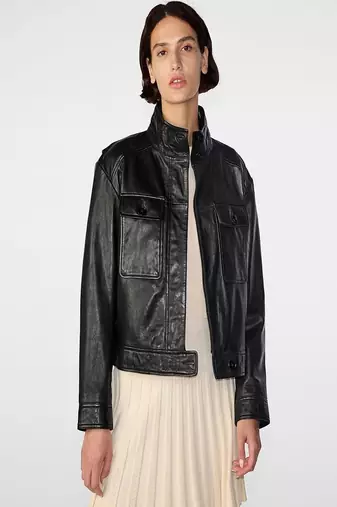 women's black lambskin leather biker jacket classic moto zip style genuine select