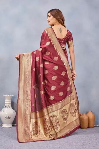 Maroon silk blend banarasi saree with unstitched blouse piece