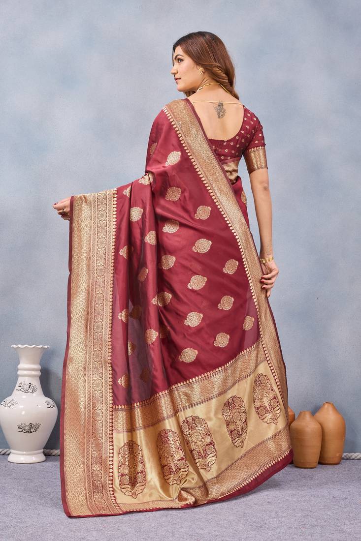 Maroon silk blend banarasi saree with unstitched blouse piece