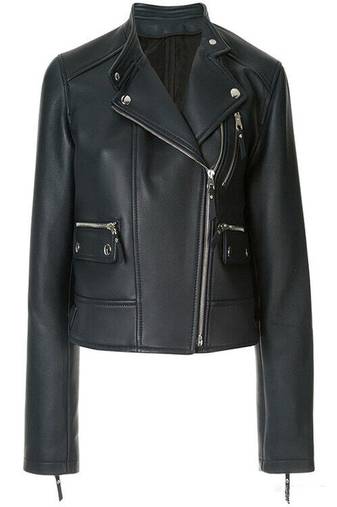 Women’s black lambskin leather jacket- 2 envolope pocket & zipper detail biker stylish look