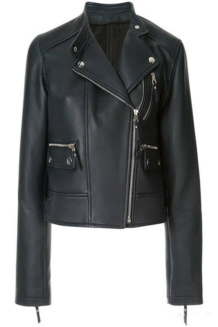 Women's black lambskin leather jacket- 2 envolope pocket & zipper detail biker stylish look
