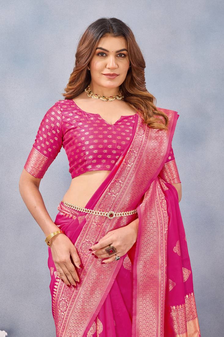 Pink soft silk blend banarasi jacuard work designer party wear saree with unstitched blouse piece