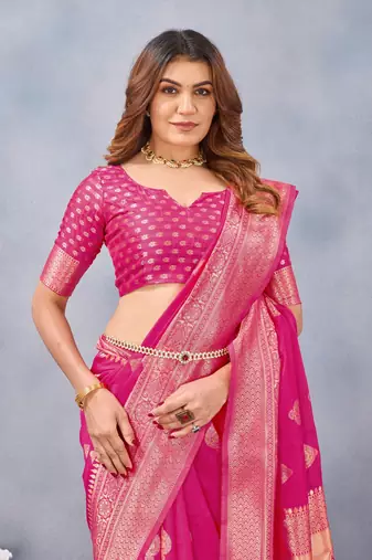 Pink soft silk blend banarasi jacuard work designer party wear saree with unstitched blouse piece