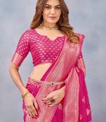 Pink silk blend banarasi saree with unstitched blouse piece