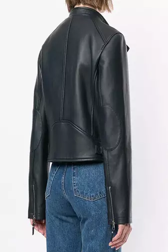 women's black lambskin leather biker jacket classic moto zip style genuine signature