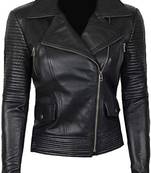 Women's black lambskin leather jacket- zipper detail & quilted hand  biker stylish look