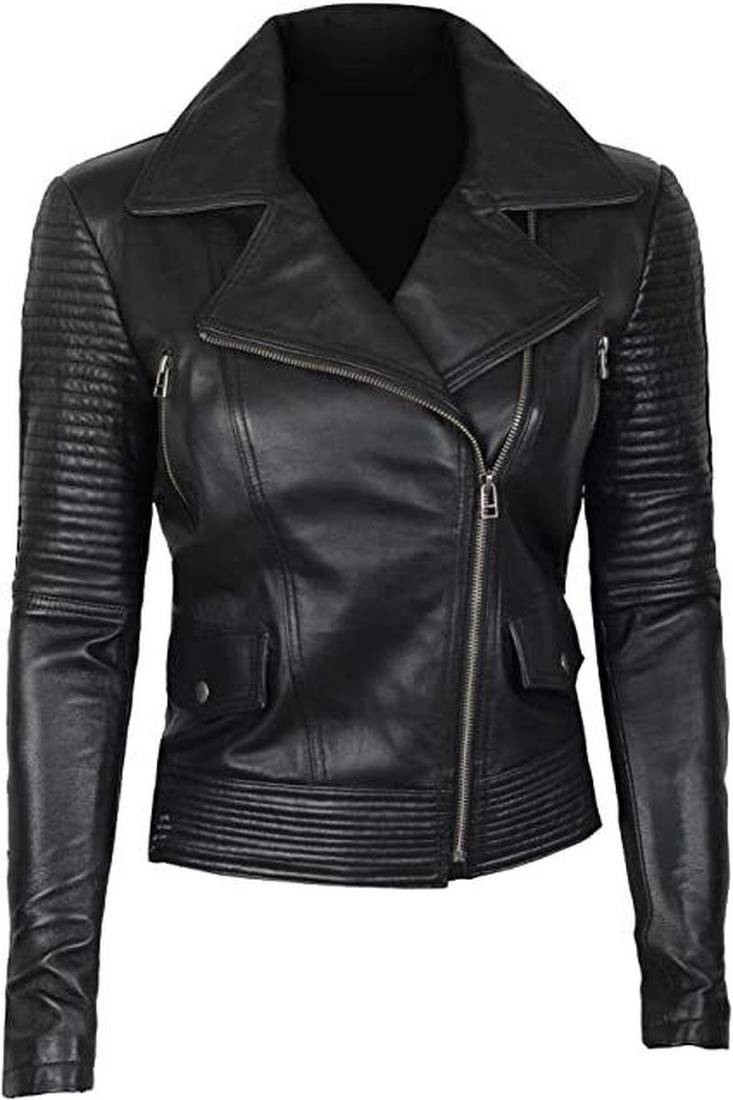 Women's black lambskin leather jacket- zipper detail & quilted hand  biker stylish look