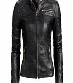 Women’s black lambskin leather jacket- zipper detail & quilted hand  biker stylish look