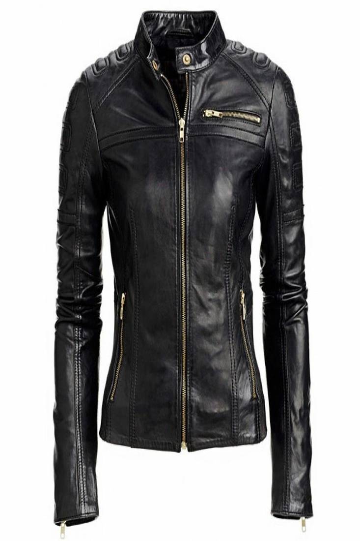 Women’s black lambskin leather jacket- zipper detail & quilted hand  biker stylish look