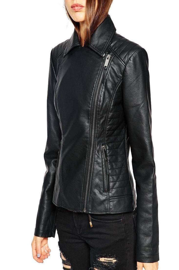 Women’s black lambskin leather jacket- zipper detail & quilted hand  biker stylish look