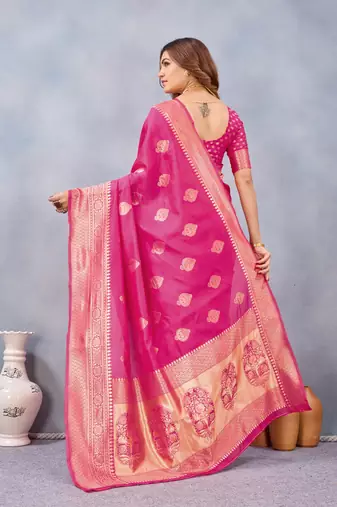 Pink silk blend banarasi saree with unstitched blouse piece