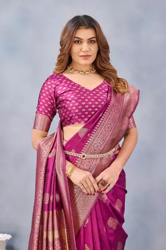 Wine silk blend banarasi saree with unstitched blouse piece