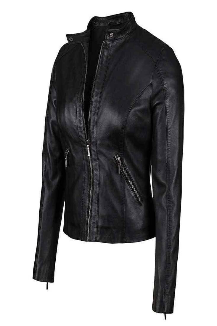Women’s black lambskin leather jacket- zipper detail & quilted hand  biker stylish look