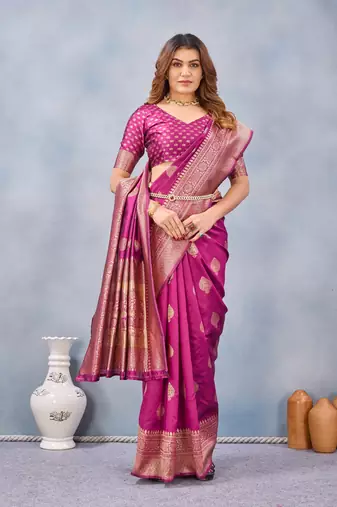 Wine silk blend banarasi saree with unstitched blouse piece