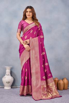 Wine silk blend banarasi saree with unstitched blouse piece 4