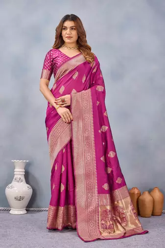 Wine silk blend banarasi saree with unstitched blouse piece