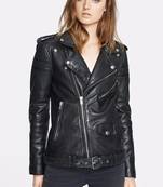 Women’s black lambskin leather jacket- zipper detail & café racer biker stylish look