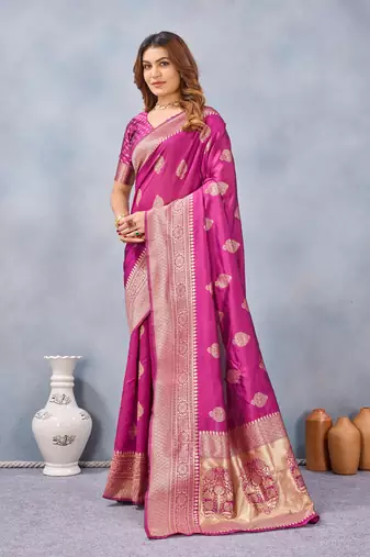 Wine silk blend banarasi saree with unstitched blouse piece
