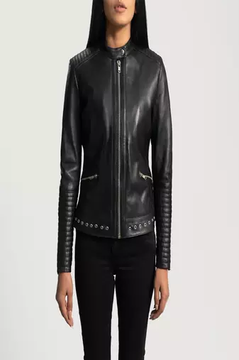 women's black lambskin leather biker jacket premium quilted design timeless