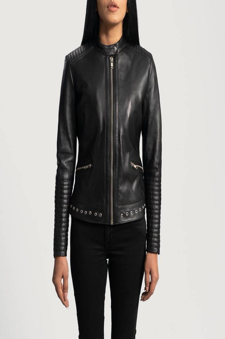 Women’s black lambskin leather jacket- zipper detail & quilted hand  biker stylish look