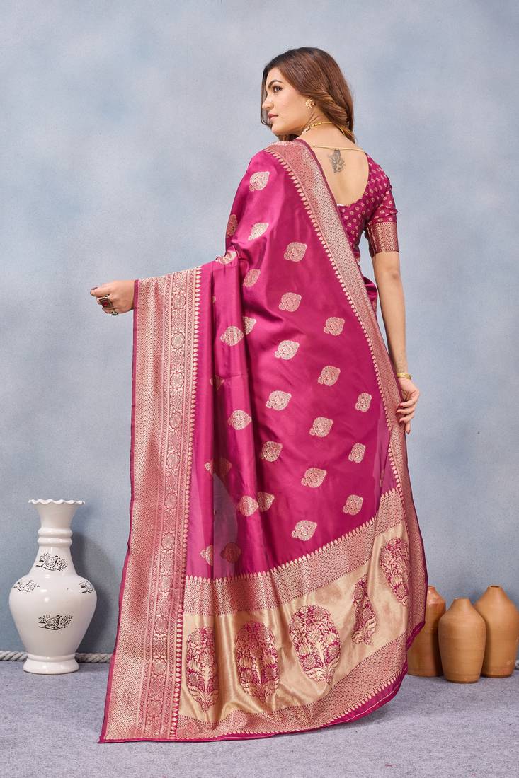 Wine silk blend banarasi saree with unstitched blouse piece