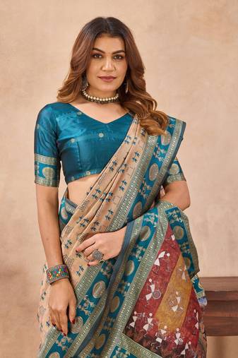 Beige soft silk blend banarasi jacuard work designer party wear saree with unstitched blouse piece