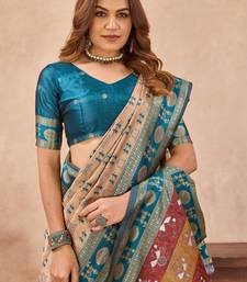 Beige silk blend banarasi saree with unstitched blouse piece