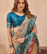 Beige silk blend banarasi saree with unstitched blouse piece