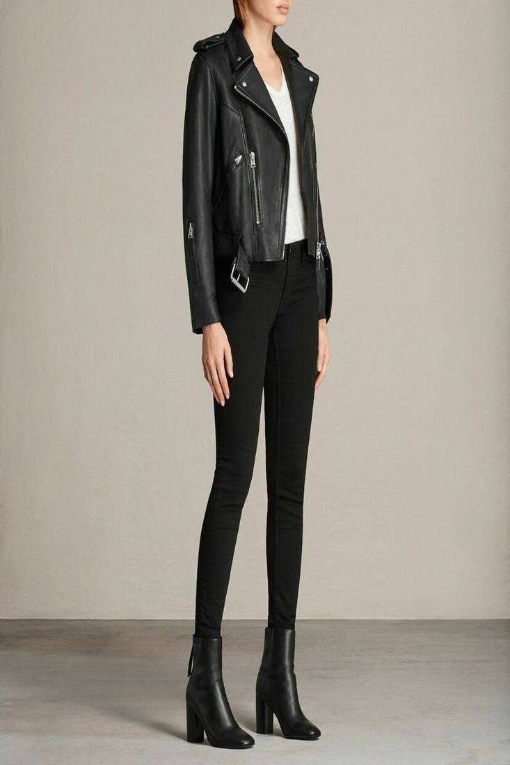 Women’s black lambskin leather jacket- zipper detail rib waist biker stylish look
