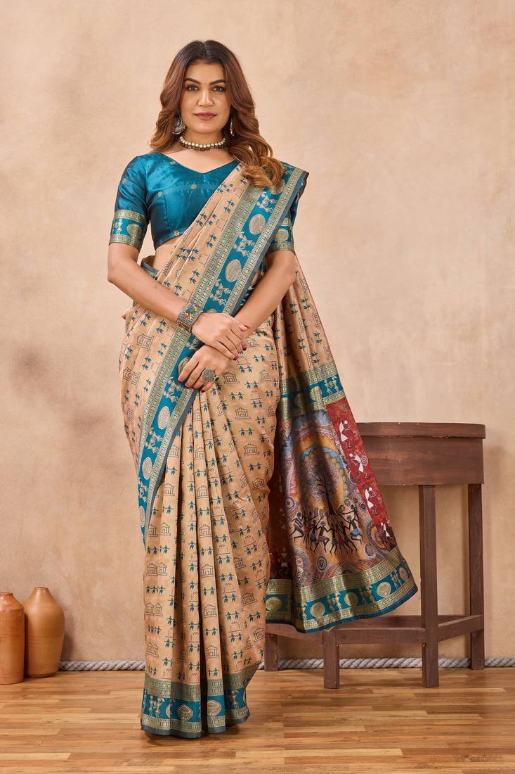 Beige silk blend banarasi saree with unstitched blouse piece