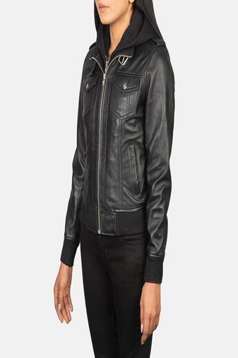 women's black lambskin leather biker jacket hooded biker silhouette exclusive