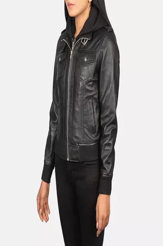 women's black lambskin leather biker jacket hooded biker silhouette exclusive