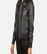 Women’s black lambskin leather jacket- hoodie detail  biker stylish look