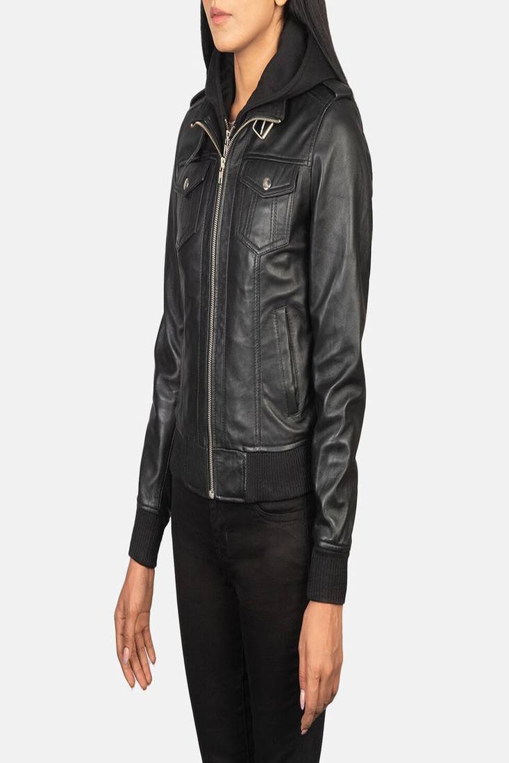 Women’s black lambskin leather jacket- hoodie detail  biker stylish look