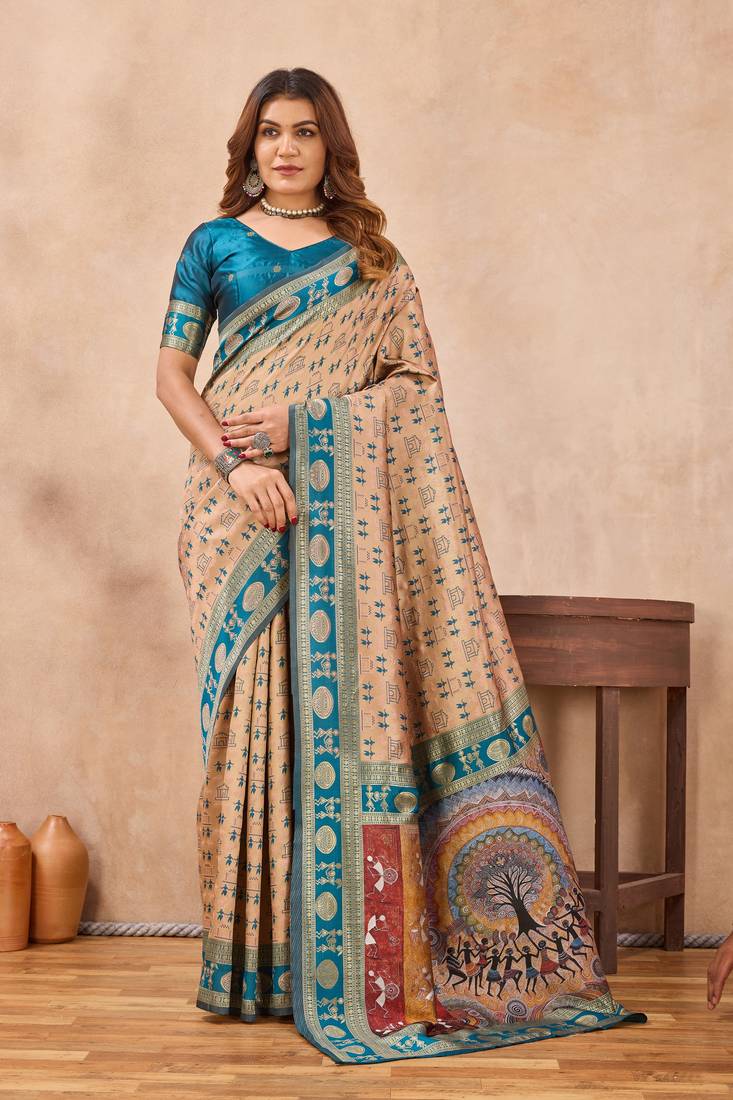 Beige silk blend banarasi saree with unstitched blouse piece